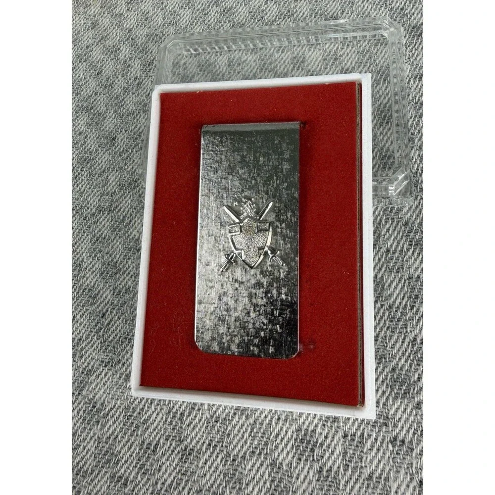 VTG Florentine Money Clip Silver Tone With Eagle Shield And Crossed Swords